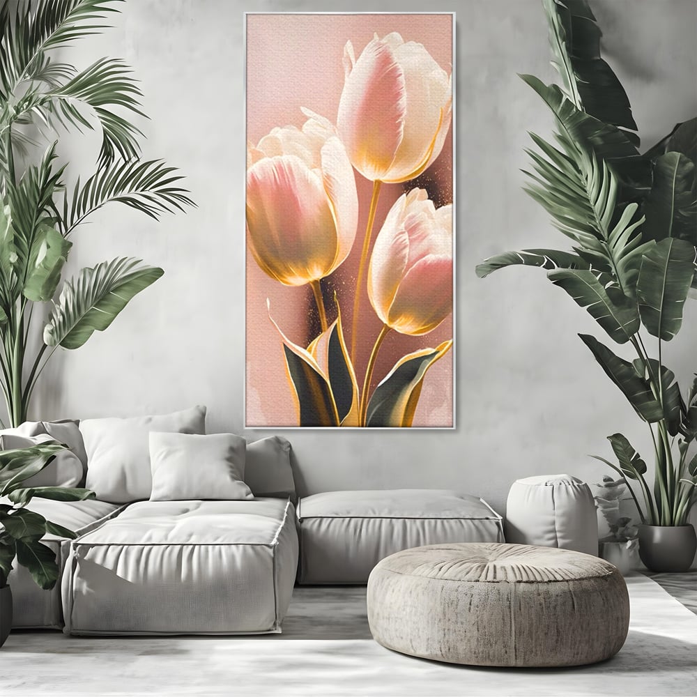 Tablou canvas cu tablou canvas cu trei lalele roz, in rama de aluminiu argintiu, pe perete intr-un living
